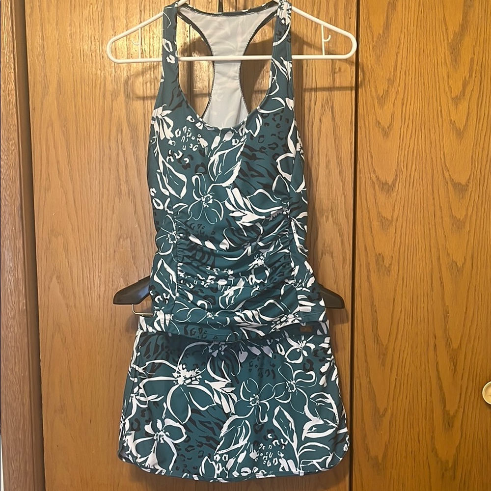 SHEIN Floral Print Swim Dress - Teal and White